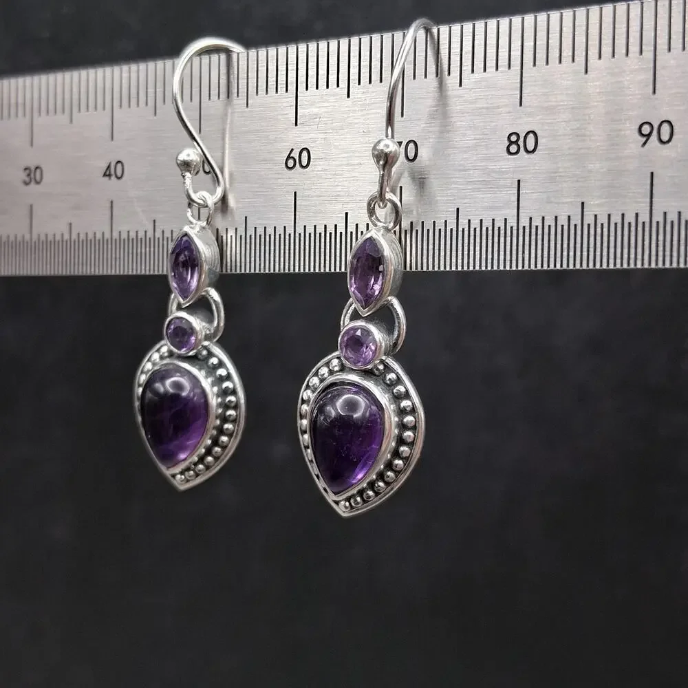 Sterling Silver Amethyst Dangle Earrings 925 Southwestern French Wire Purple